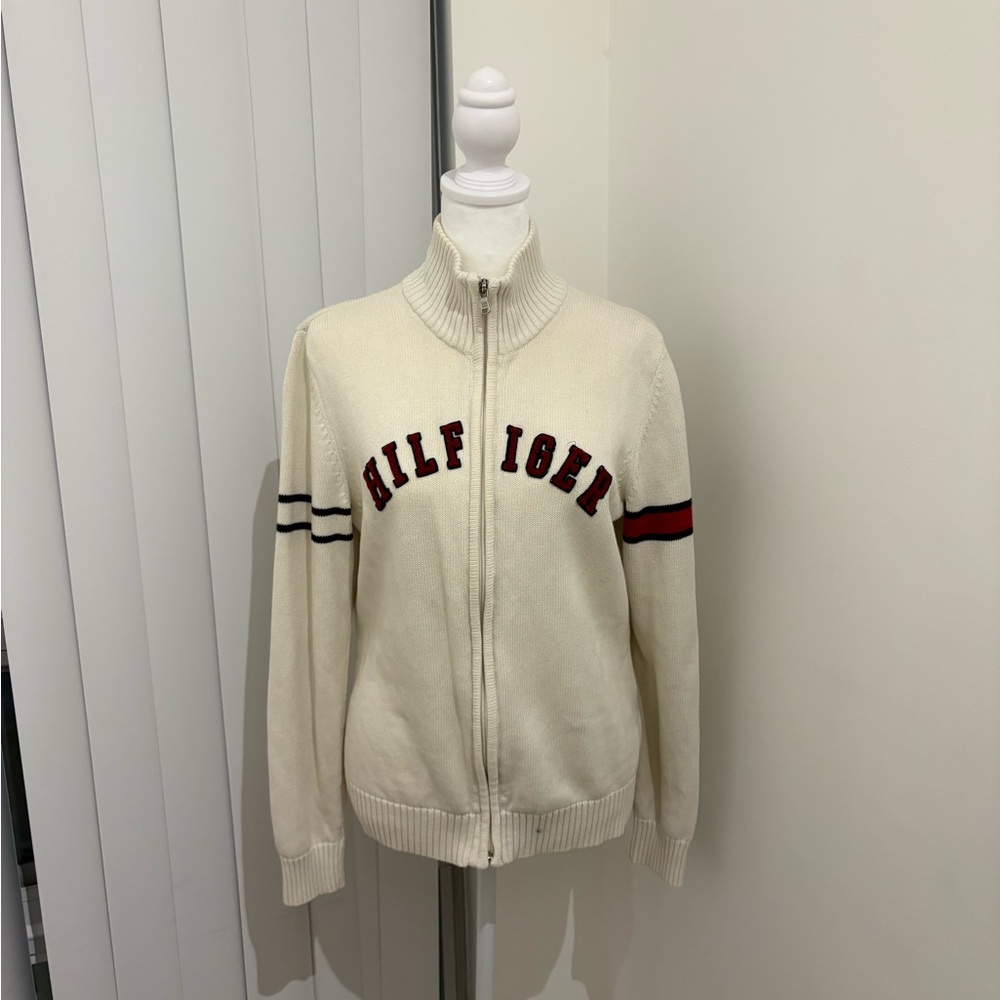 Tommy Hilfiger Ivory Zip-Up Jacket with Red and Black Details